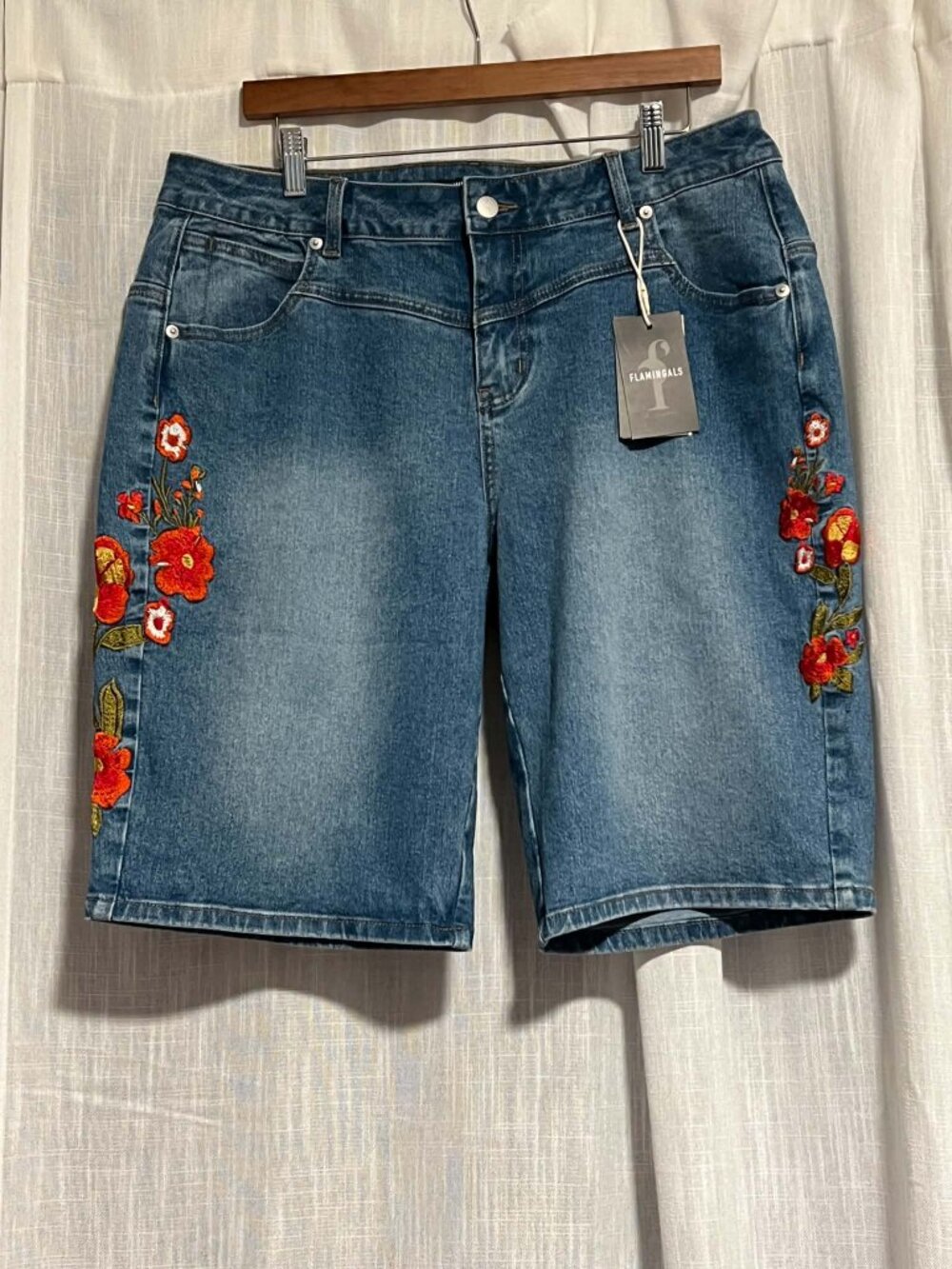 Flamingals Floral Embroidery Denim Bermuda Shorts Med Wash